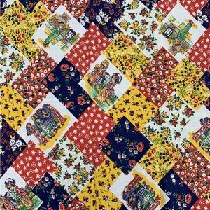 Vintage 70s 80s Primary Colors Calico Floral Print w/Edwardian Children Set of 4